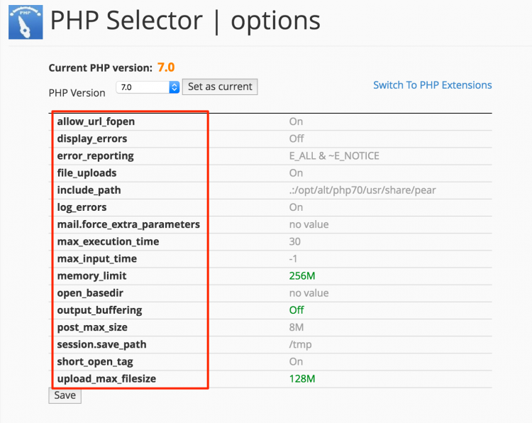 Configure PHP options CloudLinux