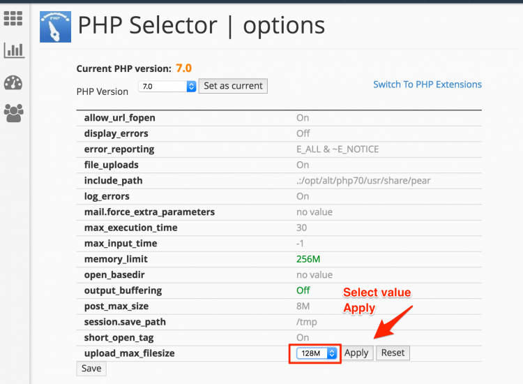 Update PHP options CloudLinux