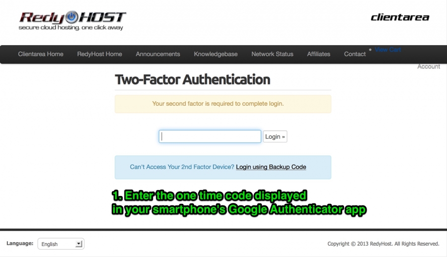 The 2-factor authentication screen is present