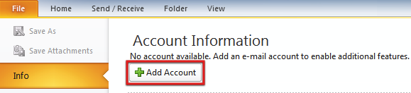 MS Outlook 2010 - add account
