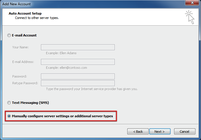 Manually configure server settings in MS Outlook 2010