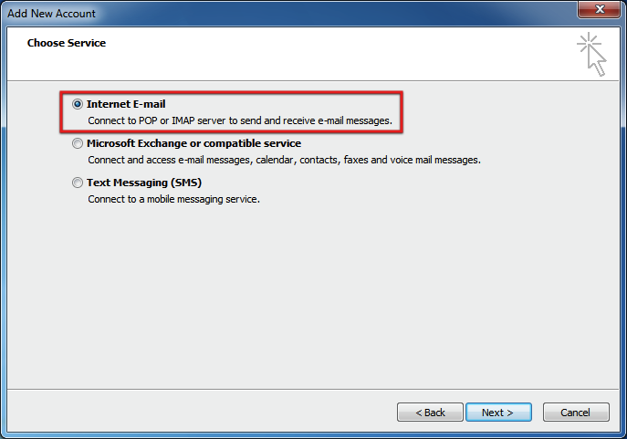 Select Internet email MS Outlook 2010