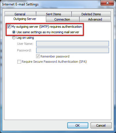 Enable outgoing authentication SMTP server MS Outlook