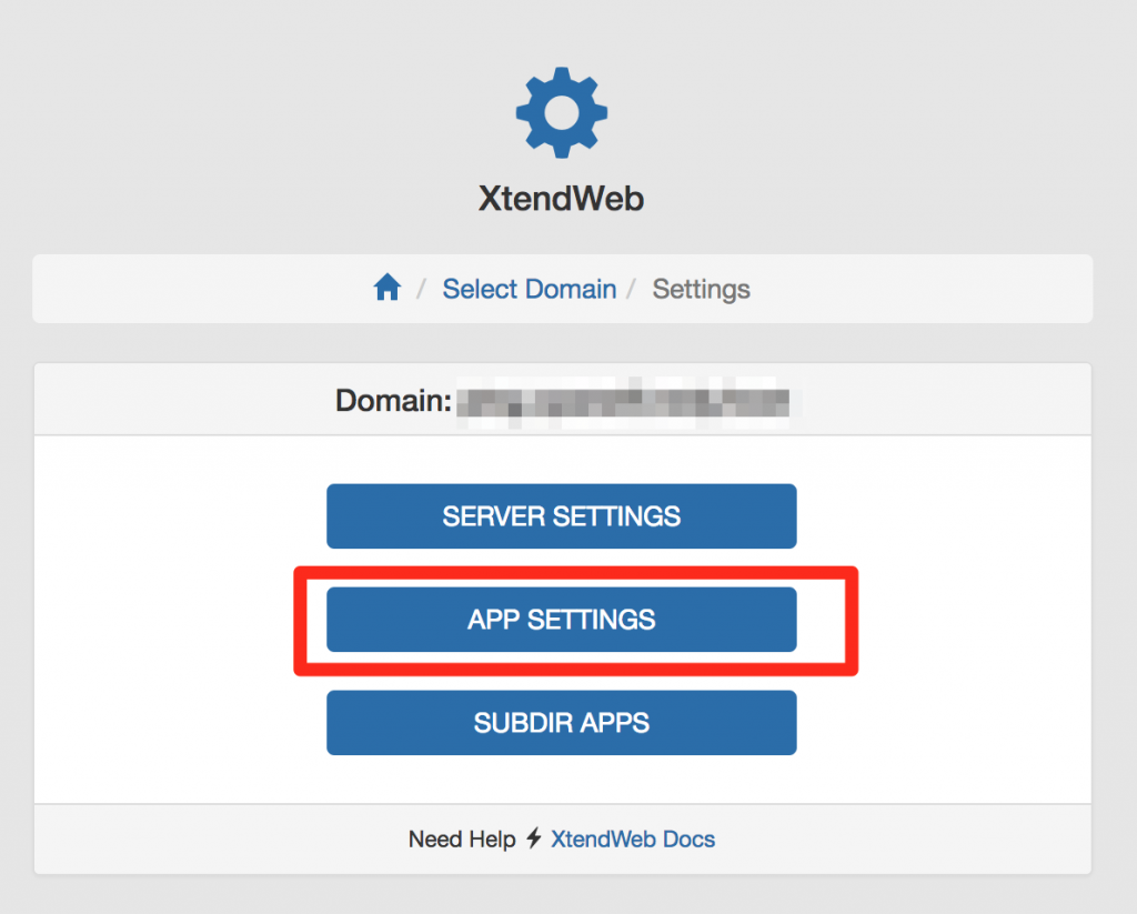 Select application settings button in cPanel Nginx