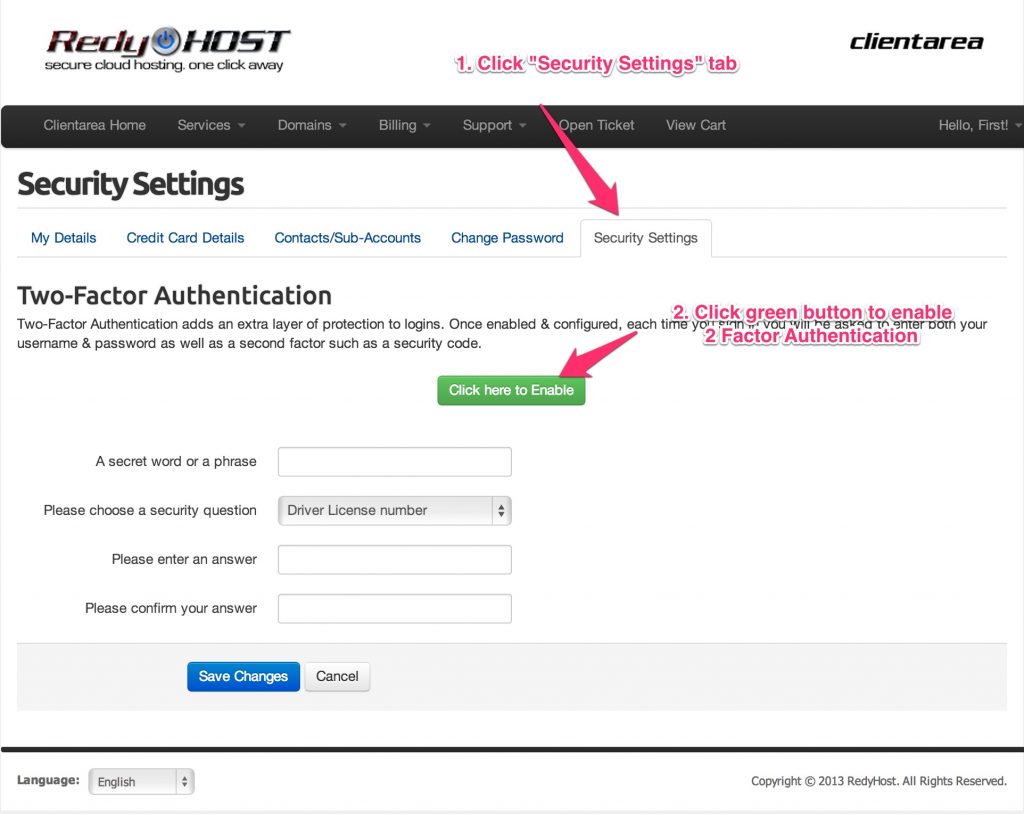 Opening security settings tab in RedyHost client area